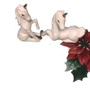 2 Unicorn Horse Couple White Matte Finish Ceramic Figurine Gold Horn